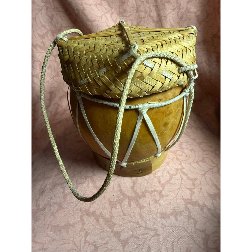 Handmade Asian Gourd Vessel  With Woven Lid, Indonesian Lombok Basket 7" H